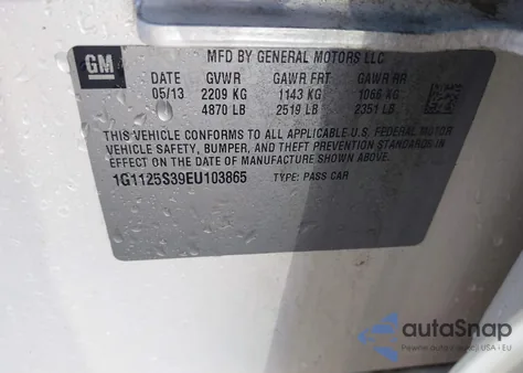 2014 Chevrolet Impala 2Lt z USA, uszkodzony, nr VIN 1G1125S39EU103865